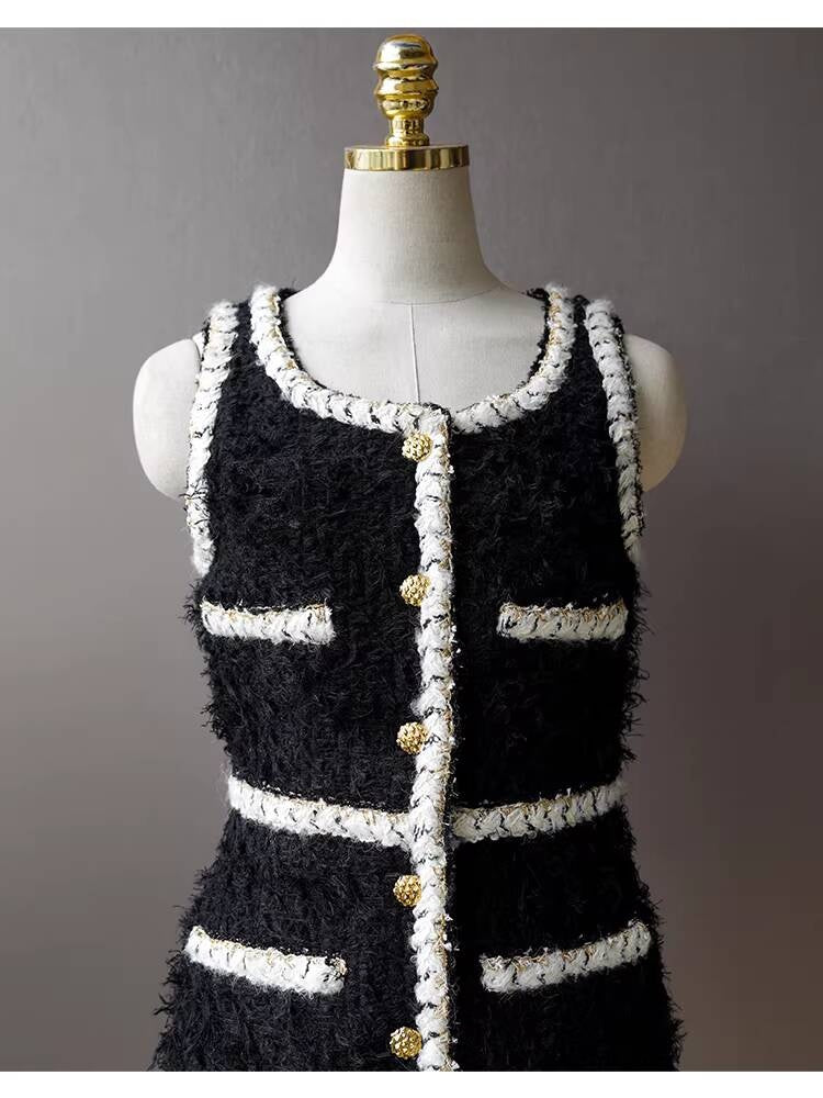 Wool Tweed Coat Women's Dress Black Gold Button Color-Block Suit Slimming Fashion Rich Girl Style