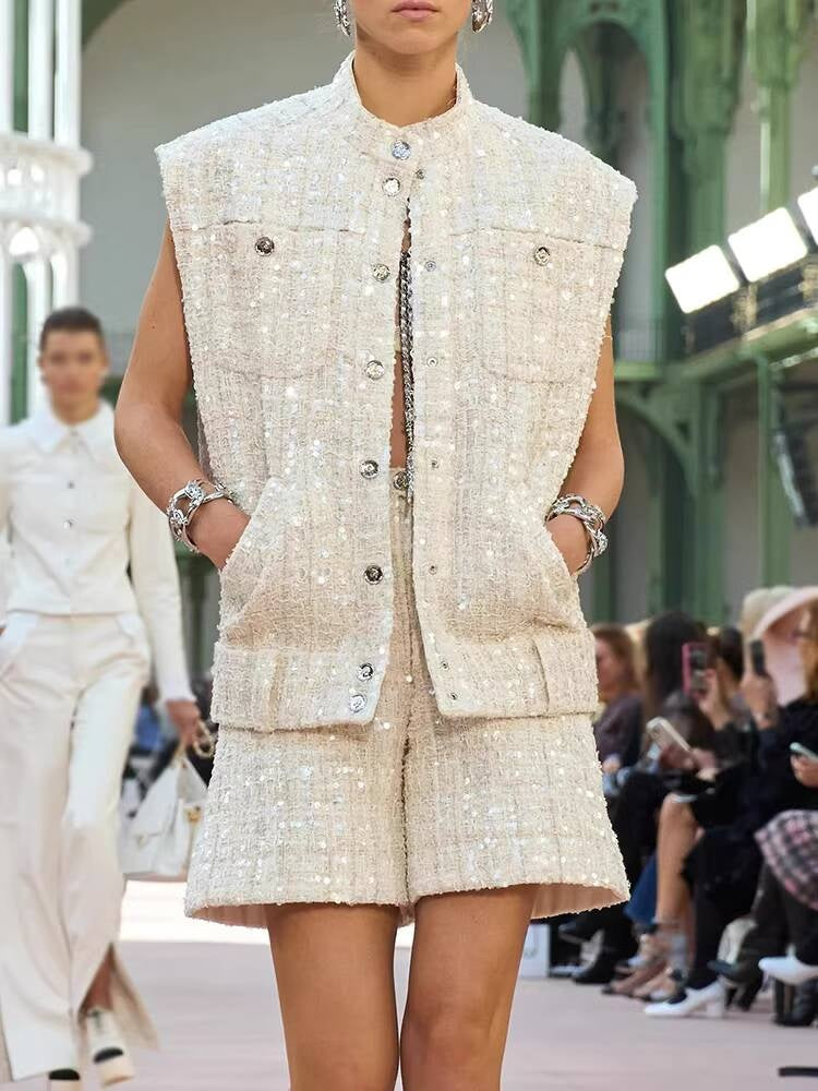 Spring Summer New Style Little  Suit Vest Jacket Waistcoat Mid-Length Wide-Leg Pants Sequin Tweed Socialite Two-Piece Set