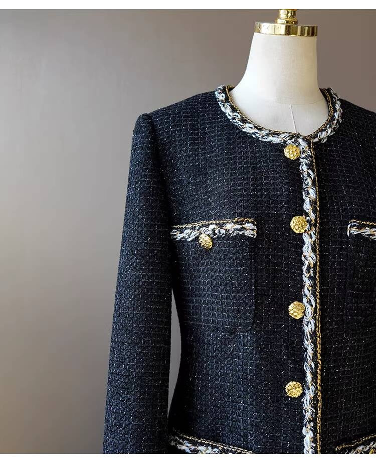 Little  Black Long Style Elegant Coat for Women Mid-Length Metal Buckle Decorated Wool Tweed