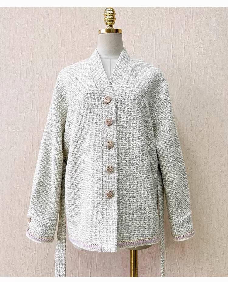 Autumn Winter New Off-White Wool Coat Wide-Leg Bathrobe Tweed Top Pants Socialite Celebrity Style Set