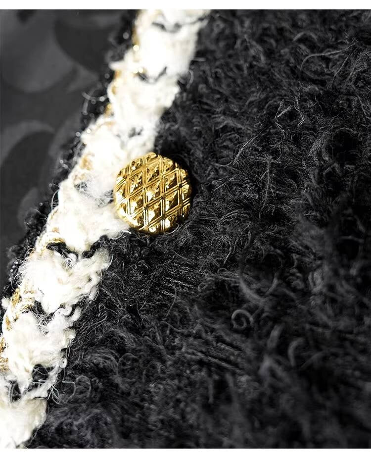 Wool Tweed Coat Women's Dress Black Gold Button Color-Block Suit Slimming Fashion Rich Girl Style