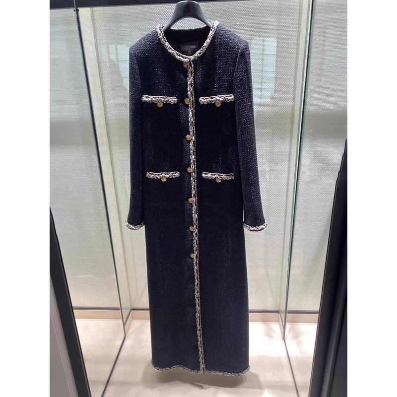 Little  Black Long Style Elegant Coat for Women Mid-Length Metal Buckle Decorated Wool Tweed