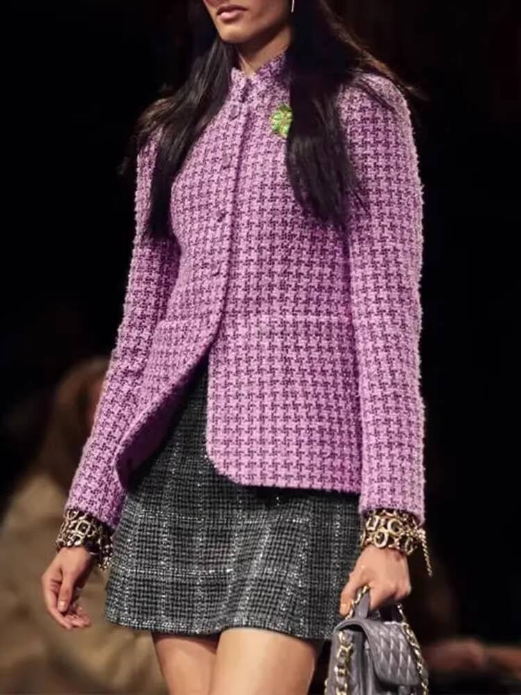 Autumn Winter New High-End Little  Style Wool Coat for Women Purple Plaid Soft Tweed Small Stand Collar Top Socialite Women's Clothing