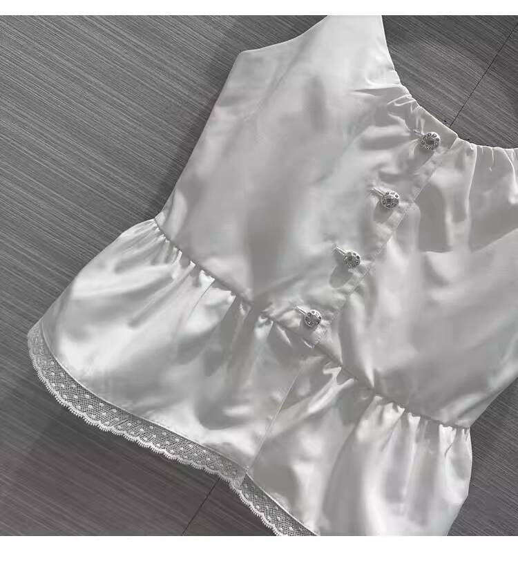Summer New Little  Style Camisole for Women, Waist-Cinching, Slimming, Age-Reducing, Versatile Lace Trim, Pearl Dot Rhinestone Buckle Small Vest