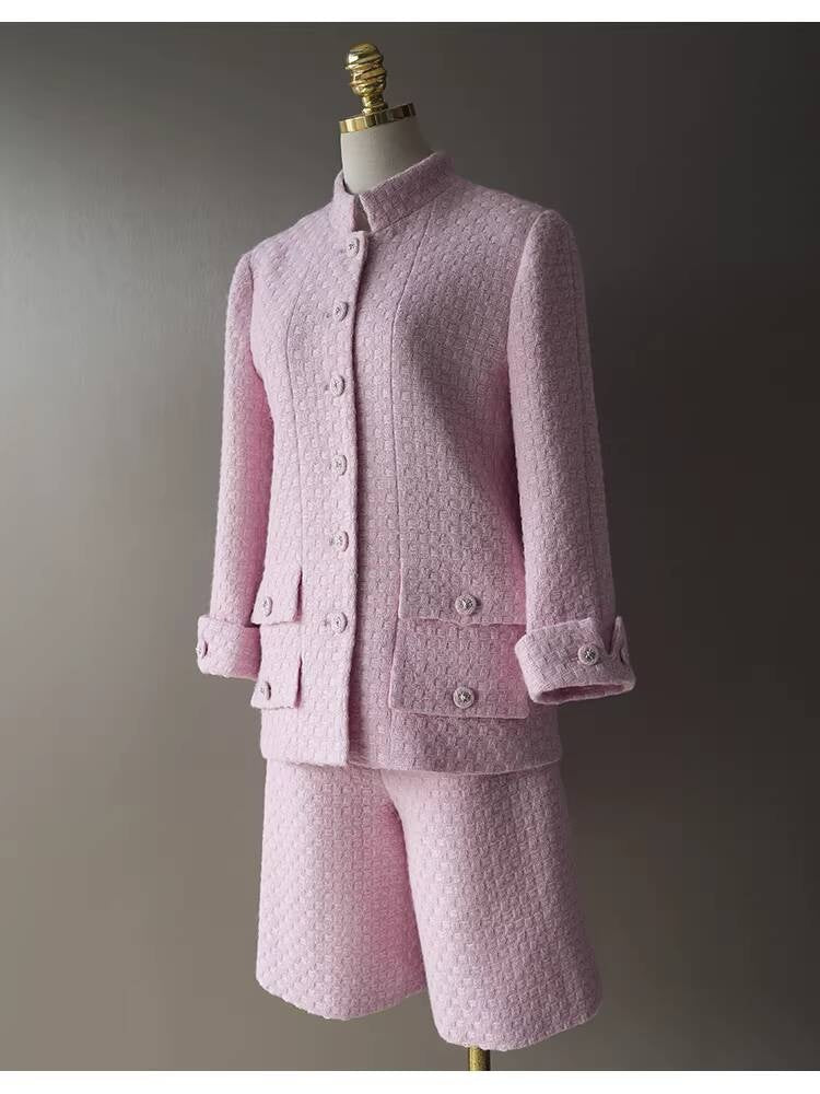 Spring and Autumn Little  Style Socialite Elegant Suit Women's Coat Wide-Leg Mid-Length Pants Wool Tweed High-End Pink Two-Piece Set