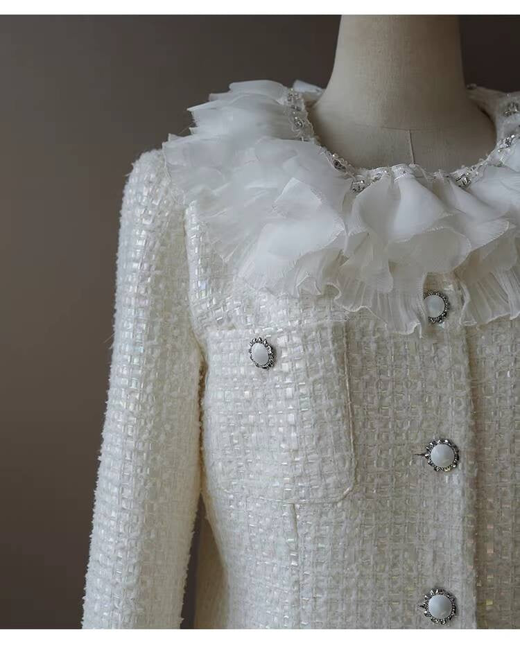 Style White Tweed Suit for Women, Autumn Winter, Socialite Jacket Shorts, Slimming and Elegant High-End Women's Clothing