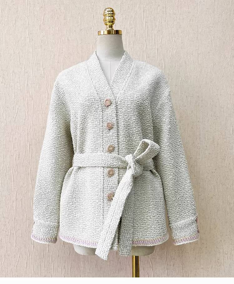 Autumn Winter New Off-White Wool Coat Wide-Leg Bathrobe Tweed Top Pants Socialite Celebrity Style Set