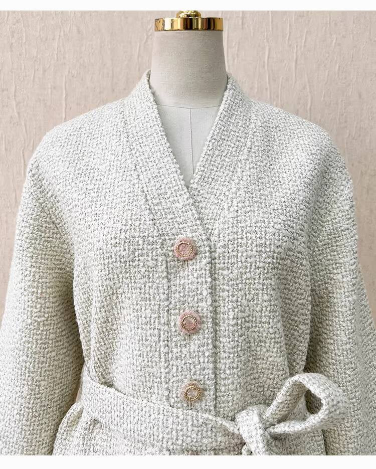 Autumn Winter New Off-White Wool Coat Wide-Leg Bathrobe Tweed Top Pants Socialite Celebrity Style Set