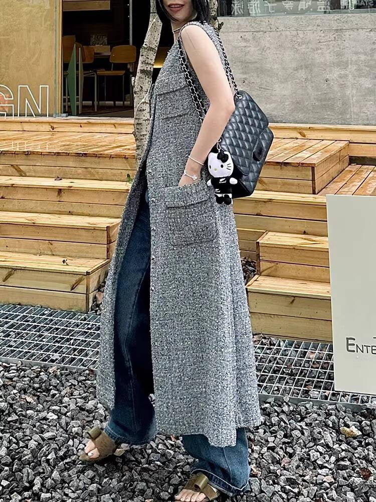 Spring Summer Little  Style Women Mid-Length High-End Modern Gray Slim Fit Tweed Vest Dress Women's Clothing