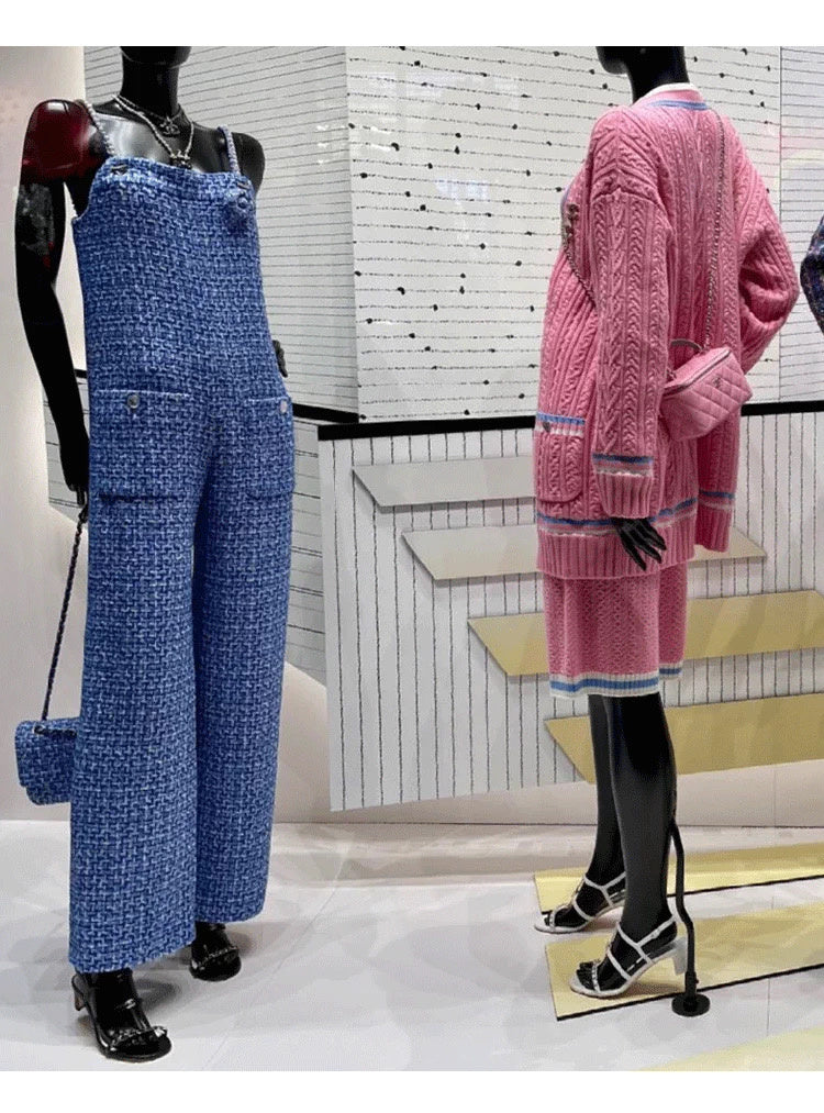 High-End -Style Jumpsuit for Women, Blue Spring and Autumn Strap Jumpsuit, Wide-Leg Long Pants, Tweed Unique Women's Clothing