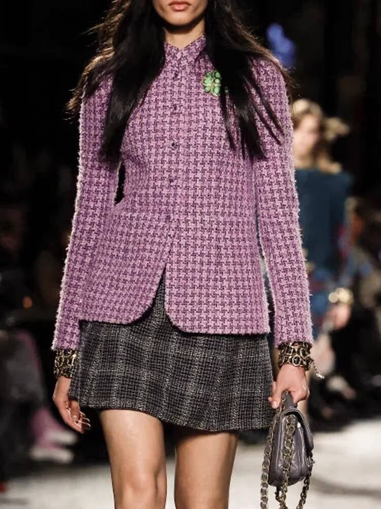 Autumn Winter New High-End Little  Style Wool Coat for Women Purple Plaid Soft Tweed Small Stand Collar Top Socialite Women's Clothing